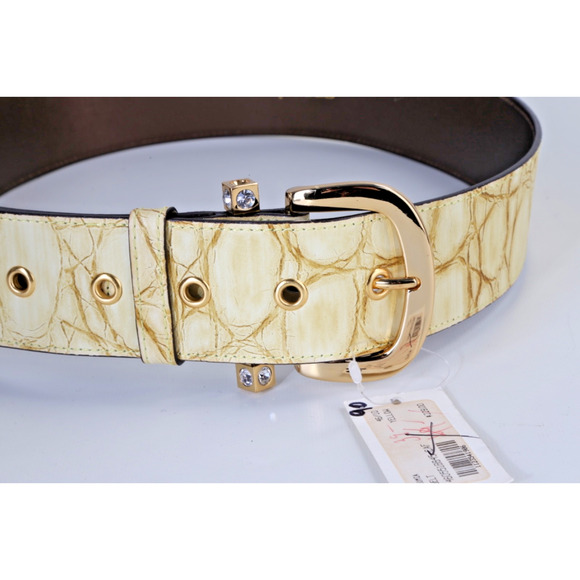 Wide Croc Embossed Leather Belt Size 46 Cream Gold Crystal Buckle main image 10